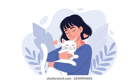 A tender moment shared between a girl and her beloved white cat enjoying peaceful companionship