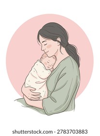 Tender mother holding her sleeping newborn baby in a soft minimalist line art style