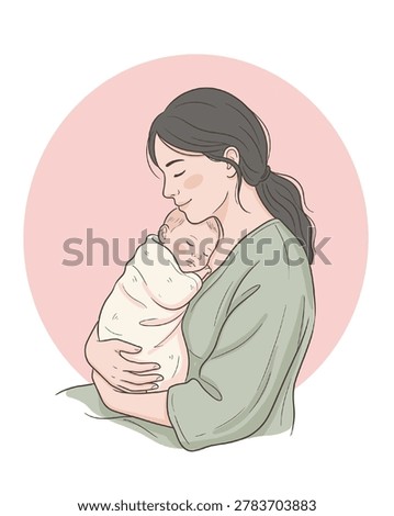 Tender mother holding her sleeping newborn baby in a soft minimalist line art style