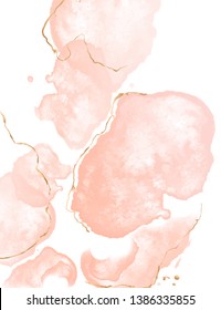 Tender orange nude watercolor elements with golden glitter effect. Wedding Pastel decoration, luxury Gold blush pink Retro Texture in vector. Tender poster, flyer, presentation template.