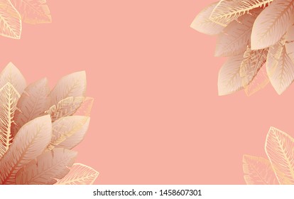 Tender orange and pink rectangular background with light gold tropical leaves. Summer exotic leaf frame for birthday greeting cards, banner design, wedding decoration