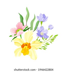 Tender Orchid Bloom Arranged with Flowering Stems and Twigs Vector Illustration