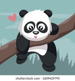 Tender panda bear climbing tree branch in Valentine