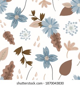 Tender pastel colored floral seamless pattern with cute flowers and leaves on white background. Lovely blue and brown flower blossoms and herbs for textile, wrapping paper, surface, wallpaper