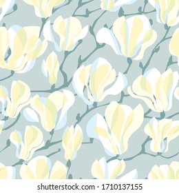 Tender pastel colors elegant white magnolia flower blossom. Floral seamless pattern for background, fabric, textile, wrap, surface, web and print design.