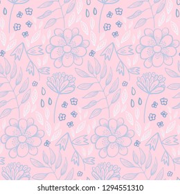Tender pastel floral seamless pattern with white flowers and leaves in blue and pink colors. Lovely light floral texture with blossoms and herbs for textile, wrapping paper, surface, wallpaper