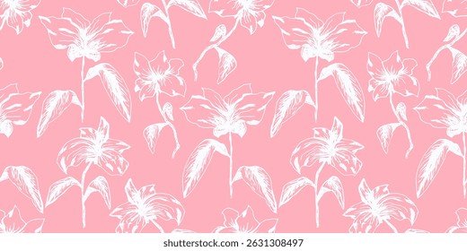 Tender pastel pink floral seamless pattern with white distressed sketch flowers. Hand drawn botanical delicate spring flowers print for feminine textile, wrapping paper, surface, wallpaper