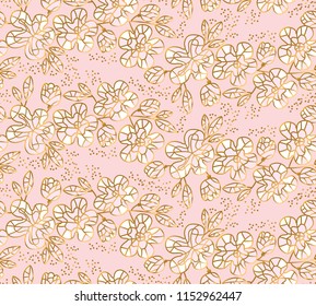 Tender pastel rosy and gold color sakura flowers seamless pattern. Decorative floral vector illustration. Repeatable motif for background, wrapping paper, fabric, surface design
