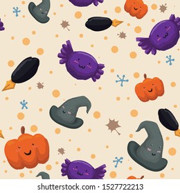 Tender pattern for Halloween with cute smiling pumpkins, witch and wizard hats, candies, pens, autumn leaves, stars and spots.