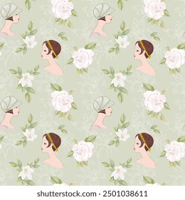 Tender pattern with ladies, fashion retro. 20 century hairstyle . Roses and plants. For printing on fabric, paper, banner.