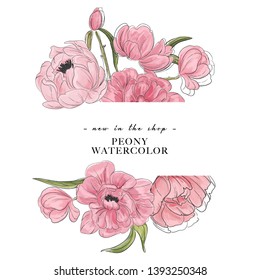 Tender peony  drawing banner. Flower composition with peony and leaves, advertising banner. Botanical sketch decoration with typography text