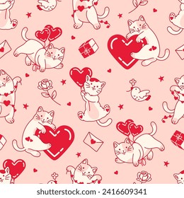 Tender pink and bright red tone seamless pattern. Little, lovely cats with hearts. Funny Valentine's Day party print. Fun and cute hand drawn girly background. Gift wrapping paper, fabric design.