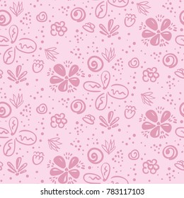 Tender pink and cherry doodle floral seamless pattern. Lovely naive texture with outline flowers and blotches for girls textile, wrapping paper, banner, underwear, surface, wallpaper, background. 