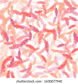 Tender pink flamingo feathers vector background. Plumage glamour fashion shower decor. Decorative confetti of festive plumelet. Flying feather elements airy vector design.