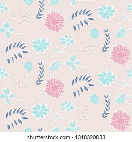 Tender pink floral seamless pattern with doodle blue flowers and green leaves. Trendy hand drawn plants texture for textile, wrapping paper, surface, wallpaper