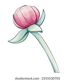 A tender pink flower rises gracefully from a slender green stem, showcasing the beauty of nature through gentle watercolor strokes