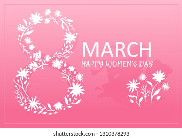 Tender pink greeting card for 8 March, happy womens day, with white number floral silhouette. Rectangular frame with lovely flowers bouquet for spring holidays banners and postcards design