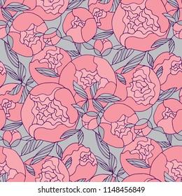 Tender pink round peony flower seamless pattern. Floral elegant color repeatable motif. Stock vector illustration for for background, wrapping paper, fabric, surface design