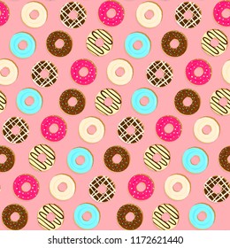 Tender pink seamless pattern with colorful tasty fried topping donuts. Cute cartoon vanilla, chocolate dessert texture for wrapping paper, textile, cover, background, wallpaper