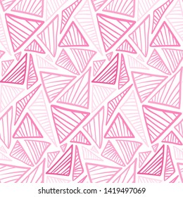 Tender pink seamless pattern with doodle striped triangles. Abstract fashion trendy vector texture with hand drawn shapes for textile, wrapping paper, cover, surface, background, wallpaper