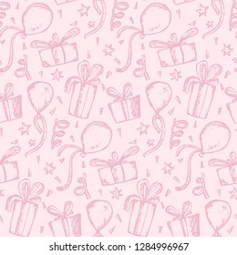 Tender pink seamless pattern with sketch scratched gift boxes, balloons and confetti. Cute doodle party texture for girls wrapping paper, textile, package design, banner, wallpaper