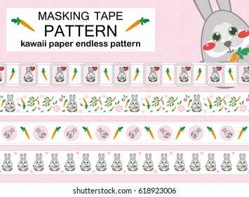 Tender pink set of seamless border patterns. Template for washi tape (means paper tape), masking tape, sticky ribbon, dividers, pattern board. Kawaii anime rabbit illustrations, flat style
