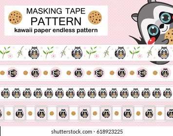 Tender pink set of seamless border patterns. Template for washi tape (means paper tape), masking tape, sticky ribbon, dividers, pattern board. Kawaii anime raccoon illustrations, flat style
