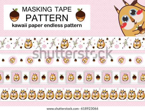 Tender pink set of seamless border patterns.\
Template for washi tape (means paper tape), masking tape, sticky\
ribbon, dividers, pattern board. Kawaii anime squirrel\
illustrations, flat\
style