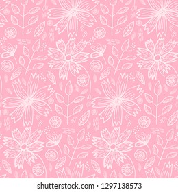 Tender pink spring outline hand drawn floral seamless pattern. Romantic white meadow flowers and leaves on pastel pale background for textile, wrapping paper, cover, surface, wallpaper