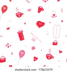 Tender pink valentine seamless pattern background with hearts and cups. Cute doodle girlish backdrop for fashion clothes, wrapping paper, site background, greeting cards