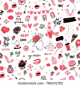 Tender pink valentine seamless pattern background with hearts and lettering. Cute doodle girlish backdrop for fashion clothes, wrapping paper, site background, greeting cards