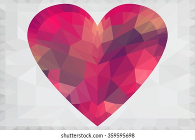 Tender polygonal or crystal red with pink heart in low poly style for Valentine card or poster.