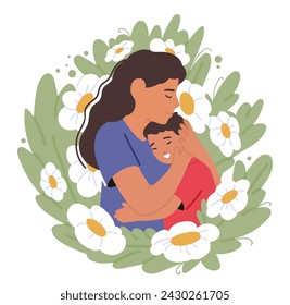 Tierno Retrato Que Captura A Un Personaje De La Madre Abraza A Su Hijo, Sus Rostros Brillan De Amor, Los Ojos Cerrados, Encapsulando El Vínculo Eterno En Un Momento De Sereno Afecto. Ilustración vectorial de personas de dibujos animados