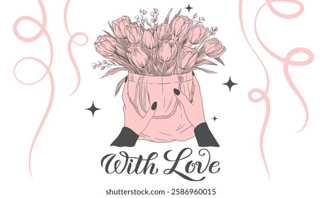 Tender postcard wish With love, hands holding a bouquet of tulips, gift. Layout for printing postcards, banners, congratulations. Vector graphics.