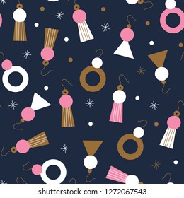 Tender, pretty, exquisite earrings, jewelry seamless pattern. Cute pink, white and gold colors on dark blue background.