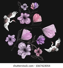 tender purple flower elements and white swans, vector isolated objects