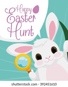 Tender rabbit ready to start the egg hunt with a magnifying glass for Easter celebration.