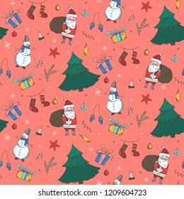 Tender red Christmas seamless pattern with cute cartoon doodle elements. Winter texture with firs, snowmen, giftbox, Santa Claus, stockings for textile, wrapping paper, wallpaper, new year decor