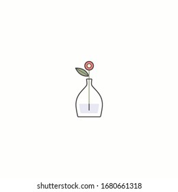 Tender red Flower in glass bottle. Minimalistic floral Icon. Flower Shop Logo template. Cartoon style, simple flat design. Trendy Vector illustration. Isolated on a white background