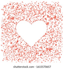 Tender red hearts background with negative space white heart in the center. Lovely square wallpaper for Valentines day greeting card design, love wedding invitation with place for text