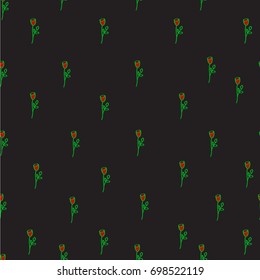 Tender red roses on black background, seamless pattern. Freehand drawing vector design. 