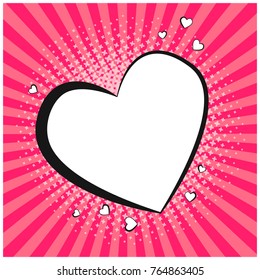 Tender retro comic speech bubble in shape of heart. Blank pop art outline balloon with floral halftone shadow and pink stripes for comics book, st. valentines advertisment, web design, love sticker.