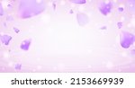 Tender romantic background with  flying flower petals. Magical flowery violet background. Vector illustration for your graphic design.