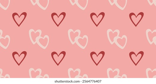 Tender romantic print with red and beige hearts on pink background. Beautiful seamless pattern for textile, paper, packaging, fabric. Vector graphics