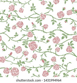 Tender rose floral seamless pattern with climbing curly flower and thorn. Cute beautiful soft pastel color vector background. Gothic, old garden, romantic gentle fairy style elegant hand drawn texture