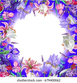 Tender round floral empty template with butterfly, vector hand drawn design
