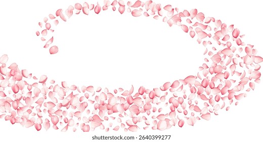 Tender sakuta tree blossom petals flying on white background vector illustration. Birthday floral decor elements. Peaceful spring pink bloom petals gentle Healing compassion.