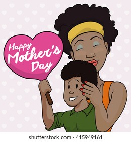 Tender scene between dark-skinned mother and son in Mother's Day celebration.