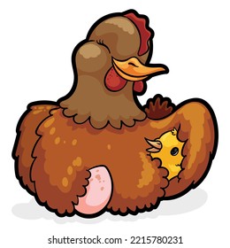 Tender scene of mother hen, caring her chicks under its wing and also taking care of its new egg.