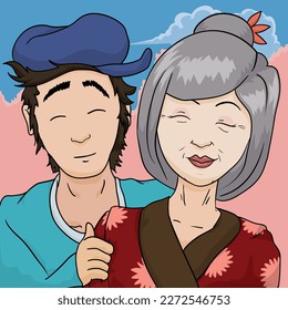 Tender scene of a young Asian son with cap and his gray-haired mother in traditional kimono in a Hanami landscape.